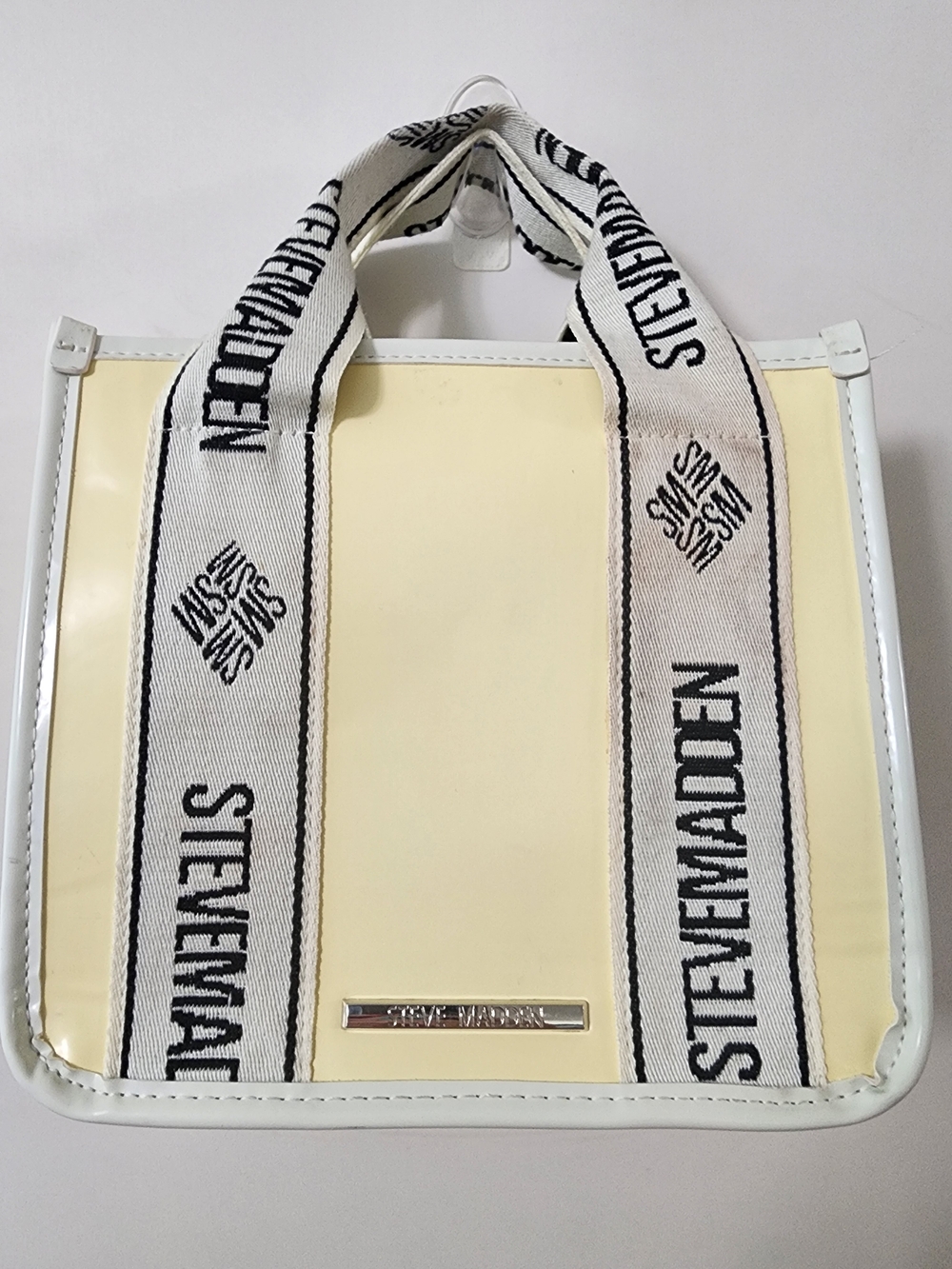Steve Madden Mini Tote Bag Cream Structured Top Handle Logo Strap